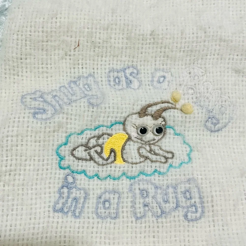 VTG Baby Blanket Blue Satin Trim SNUG AS A BUG IN A RUG 100% Acrylic Embroidered